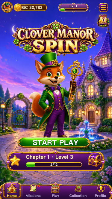Fox Manor Spin home screen — the fox host with the golden key in front of the manor