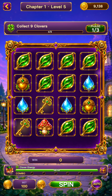 Fox Manor Spin gameplay — Collect 9 Clovers objective above the enchanted reels